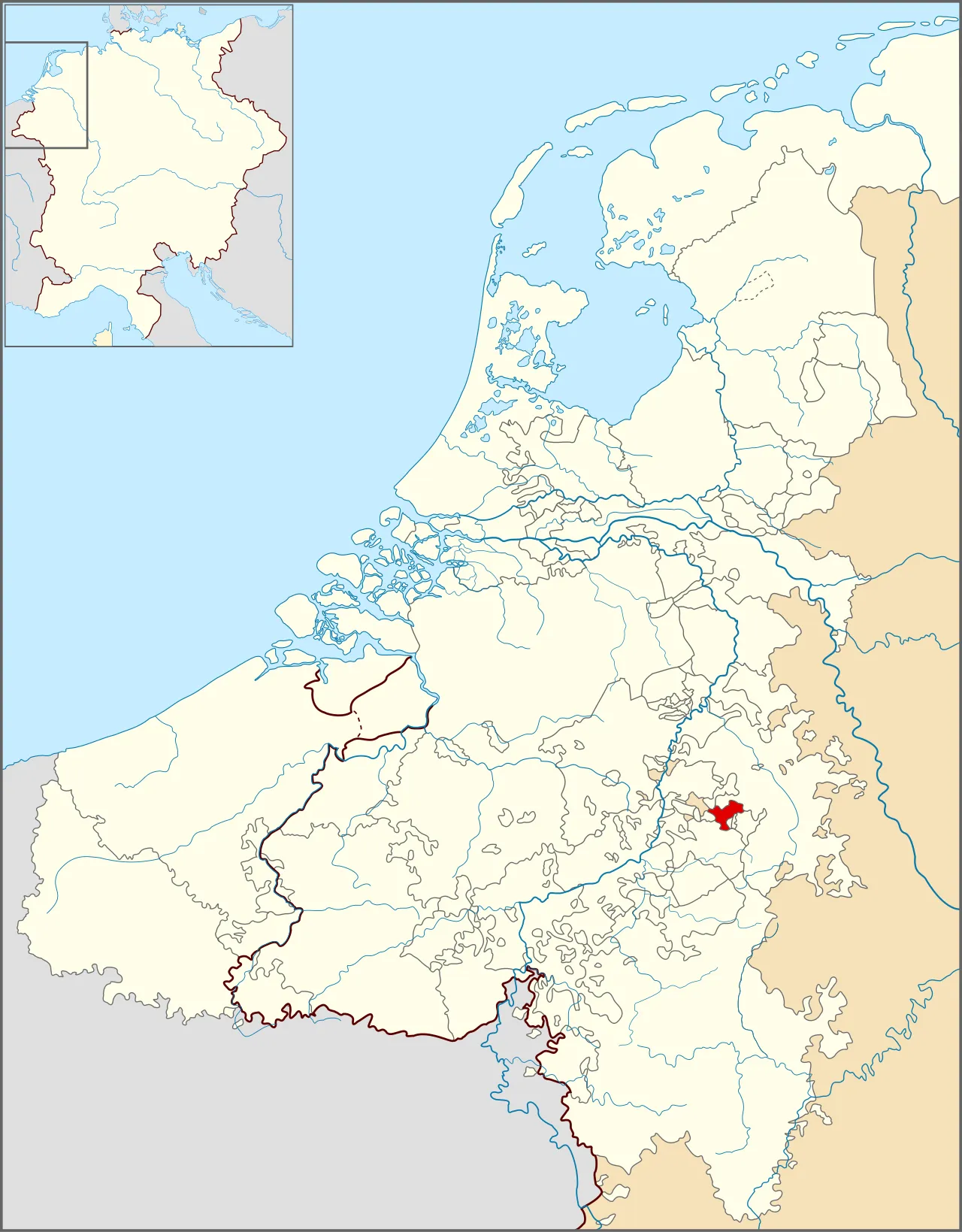 Kaart van de Lage Landen rond 1350 met de rijksstad Aken in het rood