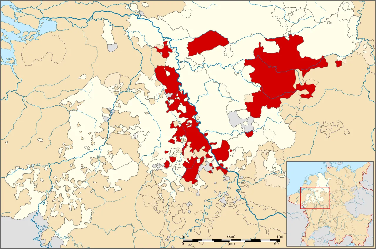 Kaart van het Rijnland rond 1560 met het keurvorstendom Keulen en het hertogdom Westfalen in het rood