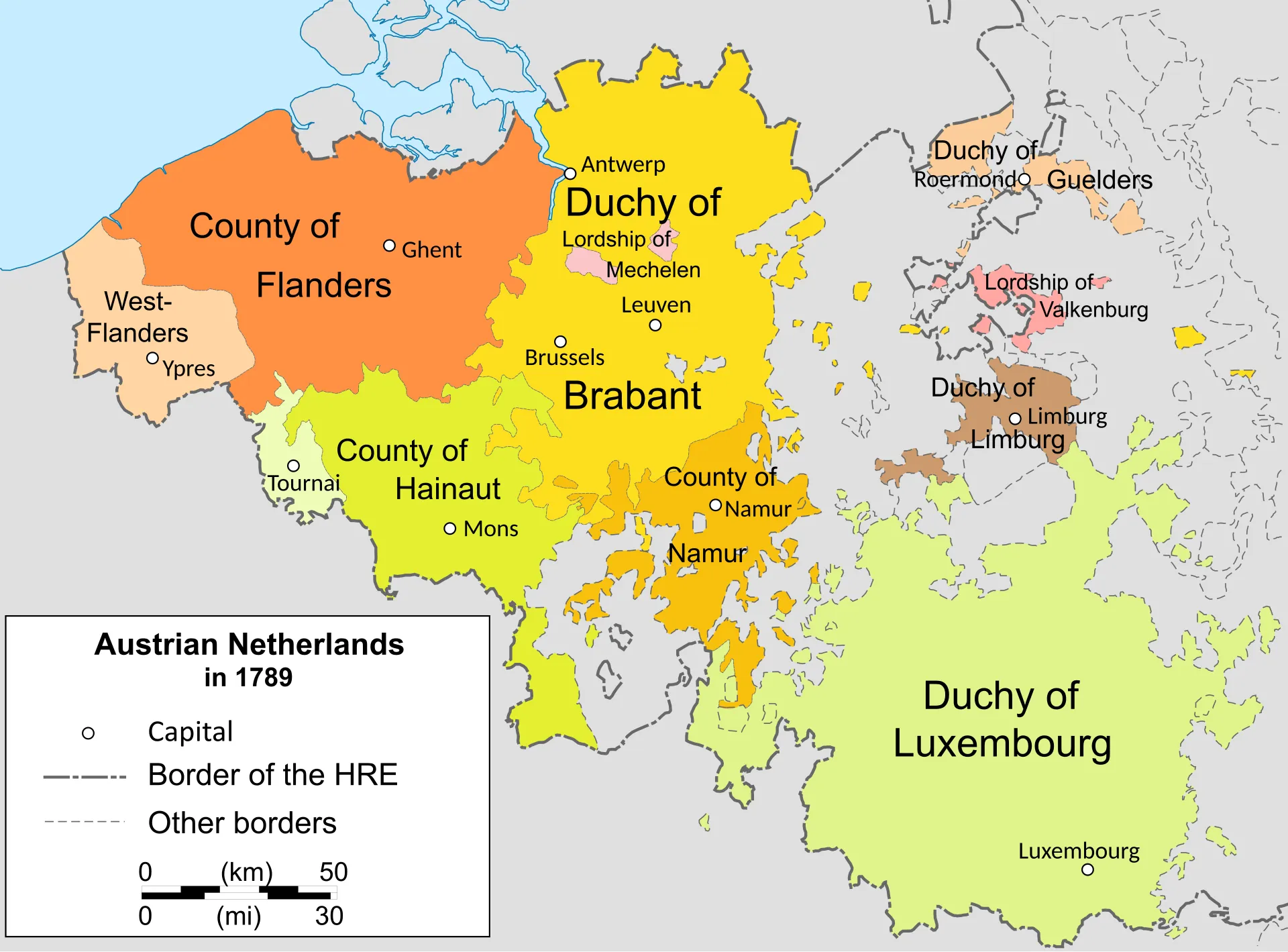 Kaart van de Oostenrijkse Nederlanden in 1789 met de graafschappen Vlaanderen, Henegouwen en Namen, de hertogdommen Brabant, Limburg en Luxemburg en de kleinere heerlijkheden