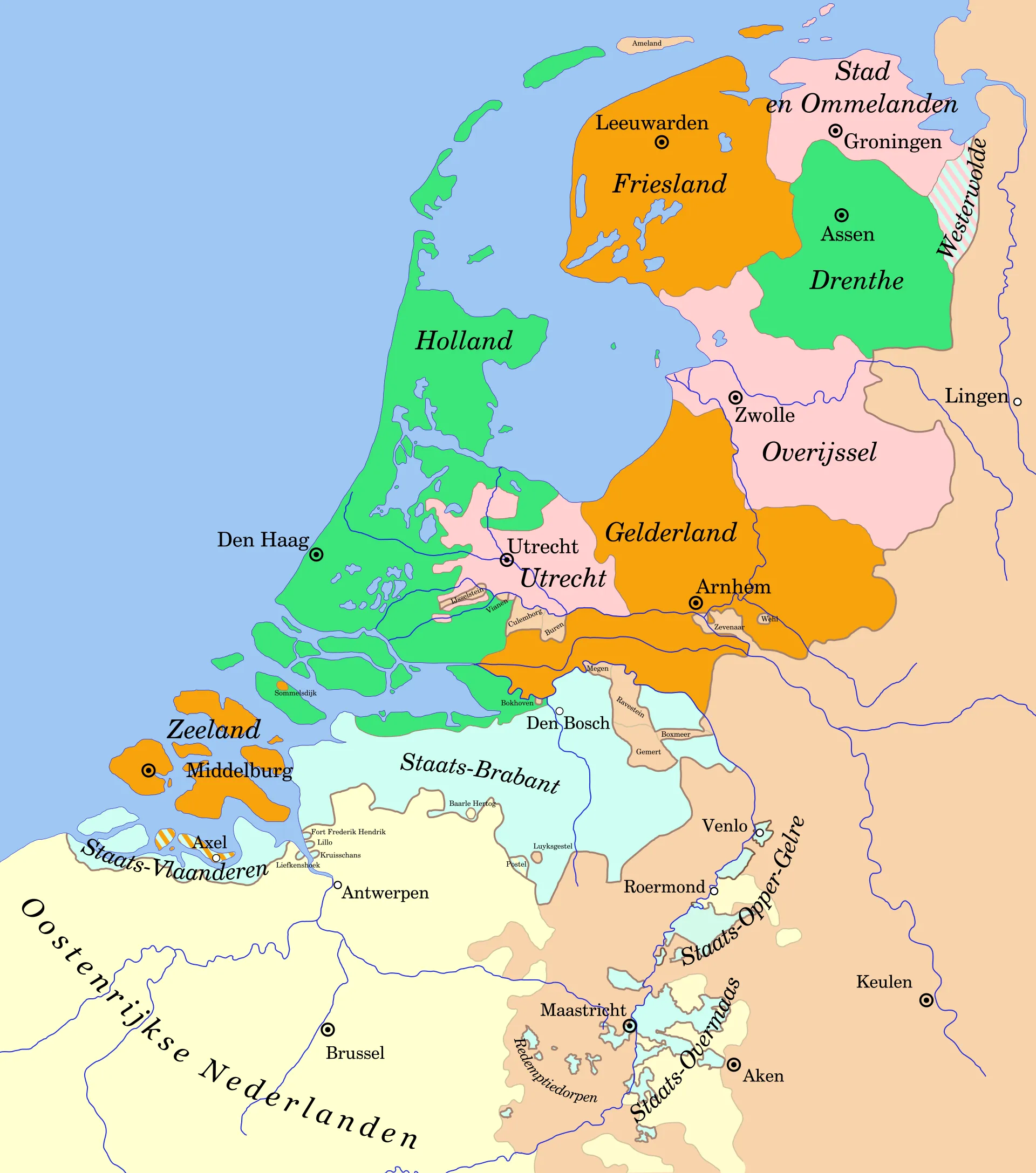 Kaart van de Republiek der Zeven Verenigde Nederlanden in de 18de eeuw met de zeven gewesten, Drenthe en de Generaliteitslanden