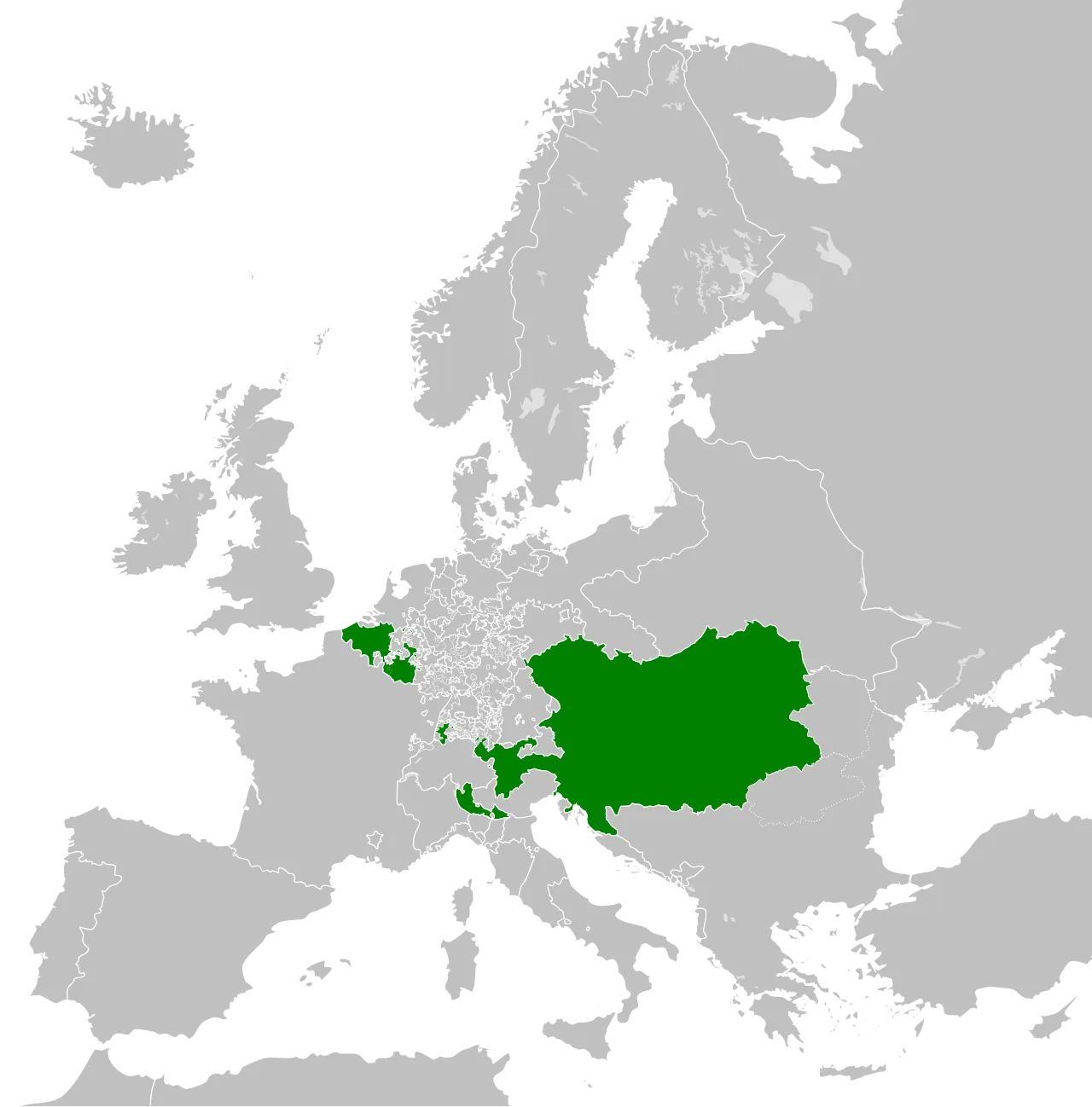 Kaart van Europa in 1789 met de landen van de Habsburgse monarchie in het groen