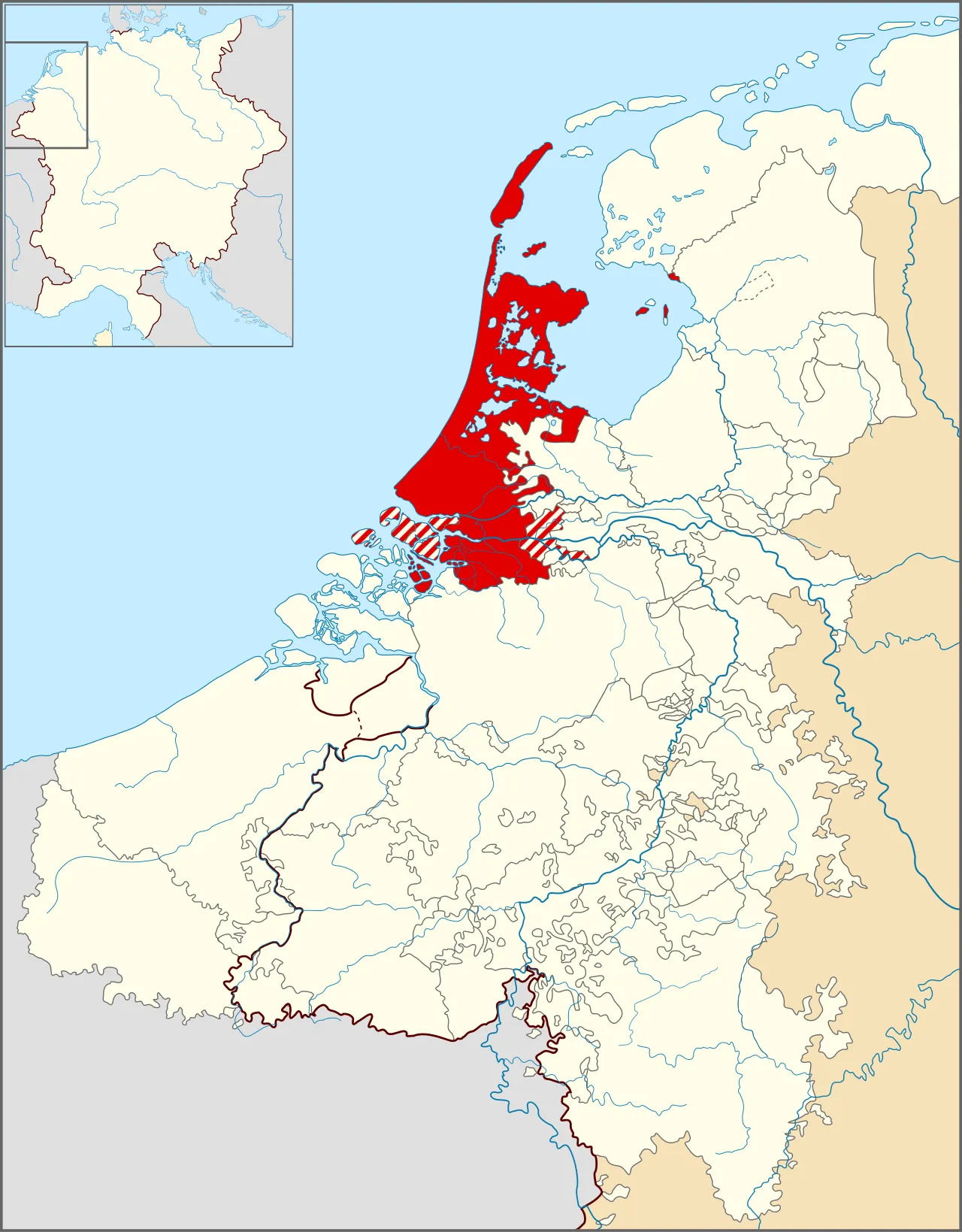 Kaart van de Lage Landen rond 1350 met het graafschap Holland in het rood, met grenzen die grotendeels die van het latere gewest zijn