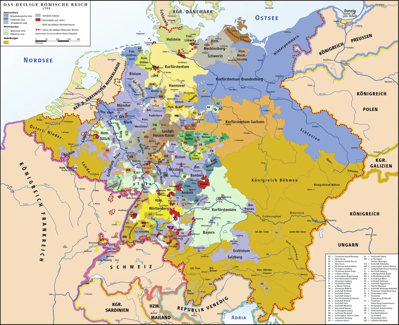 Gedetailleerde kaart van het Heilige Roomse Rijk in 1789 met zijn vele vorstendommen, bisdommen en rijkssteden