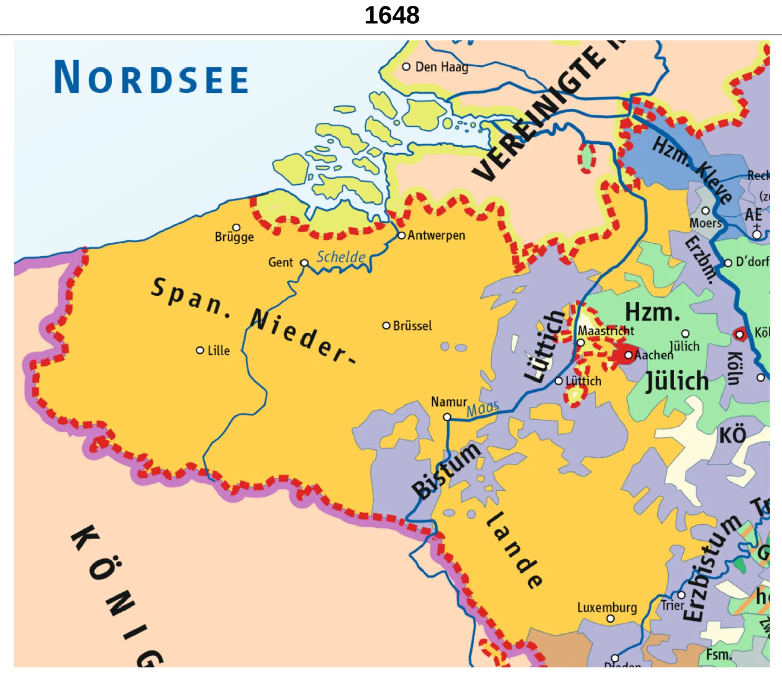 Gedetailleerde kaart van de Spaanse Nederlanden in 1648 met Brugge, Gent, Antwerpen, Brussel, Namen en Luxemburg, naast het prinsbisdom Luik en de Verenigde Provinciën