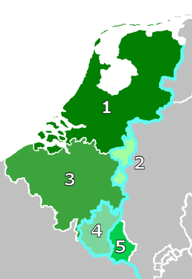 Kaart van het Verenigd Koninkrijk der Nederlanden (1815-1830) in tinten groen, met de noordelijke provincies, de zuidelijke provincies, Limburg en Luxemburg als genummerde delen