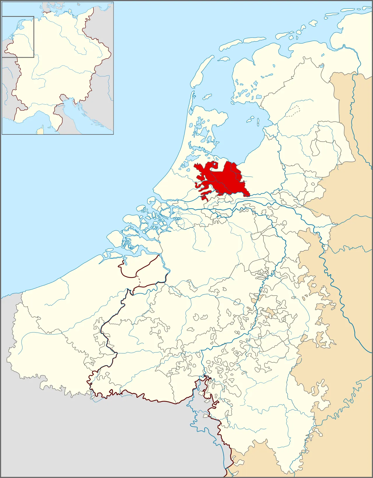 Kaart van de Lage Landen rond 1350 met het Nedersticht Utrecht in het rood, het gebied van het latere gewest Utrecht