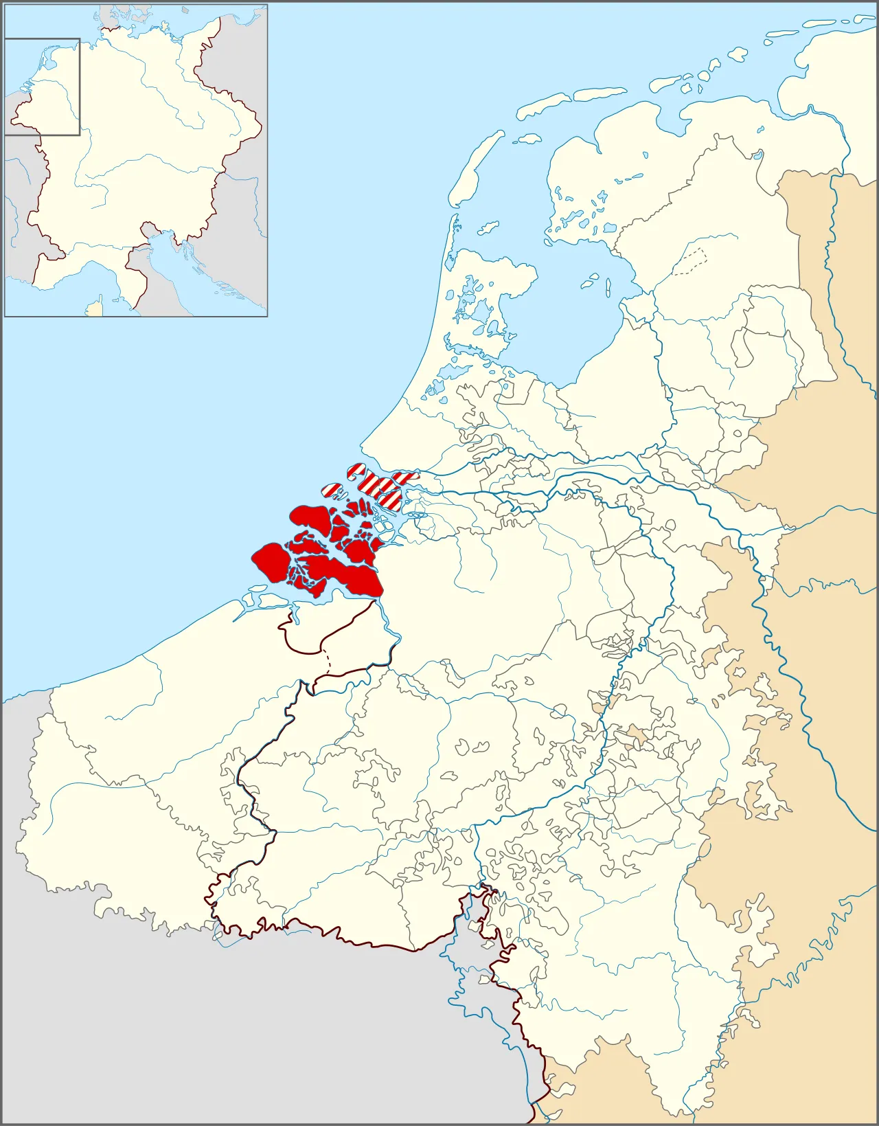 Kaart van de Lage Landen rond 1350 met het graafschap Zeeland in het rood